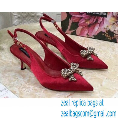 Dolce & Gabbana Heel 6.5cm Satin Slingbacks Red with Crystal Bow 2021 - Click Image to Close